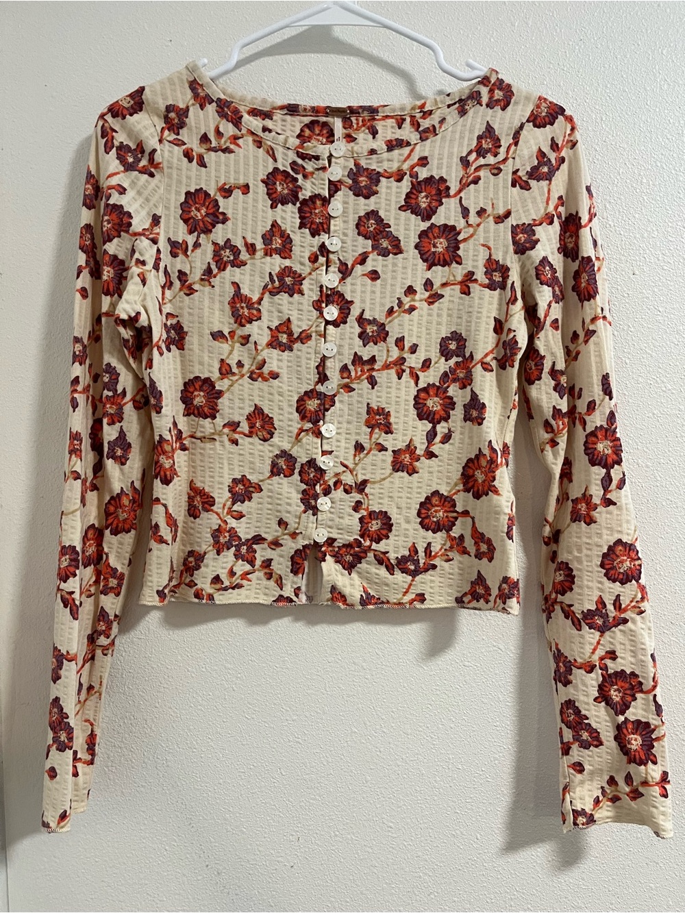 Free People Cream Floral Button-Front Blouse with Red & Purple Prints